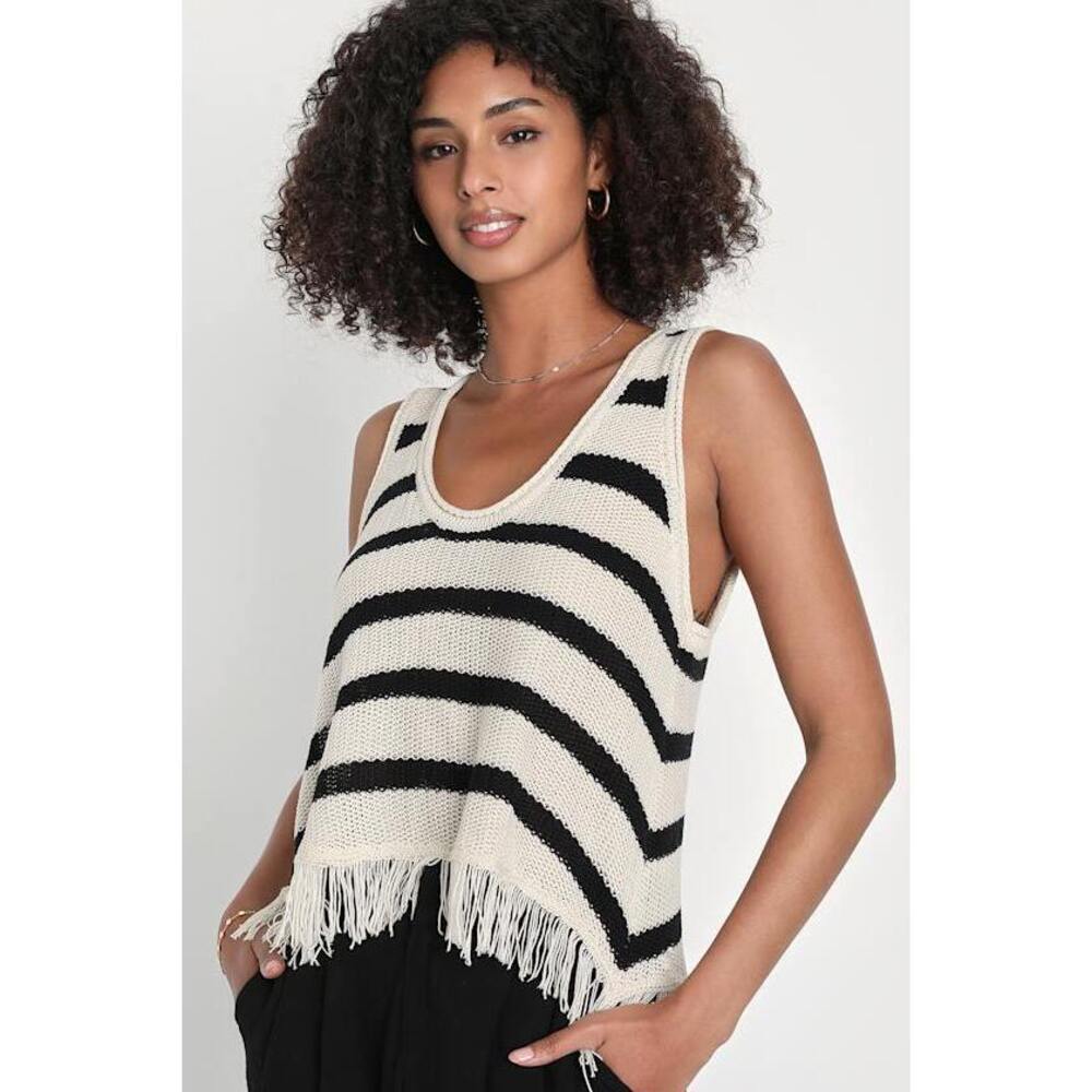 Lulus Fun Essence Ivory And Black Striped Loose Knit Fringe Tank Top White